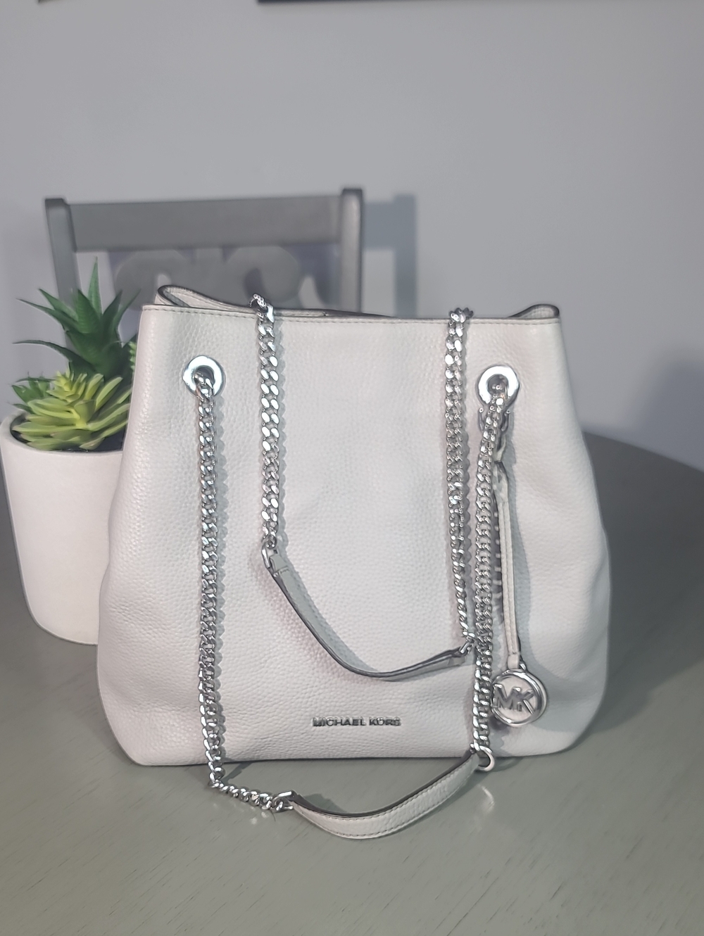Michael Kors Gray Pebbled Leather Shoulder Bag with Silver Chain